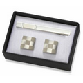 2 Tone Silver Metal Checked Cufflinks w/ Matching Tie Clip